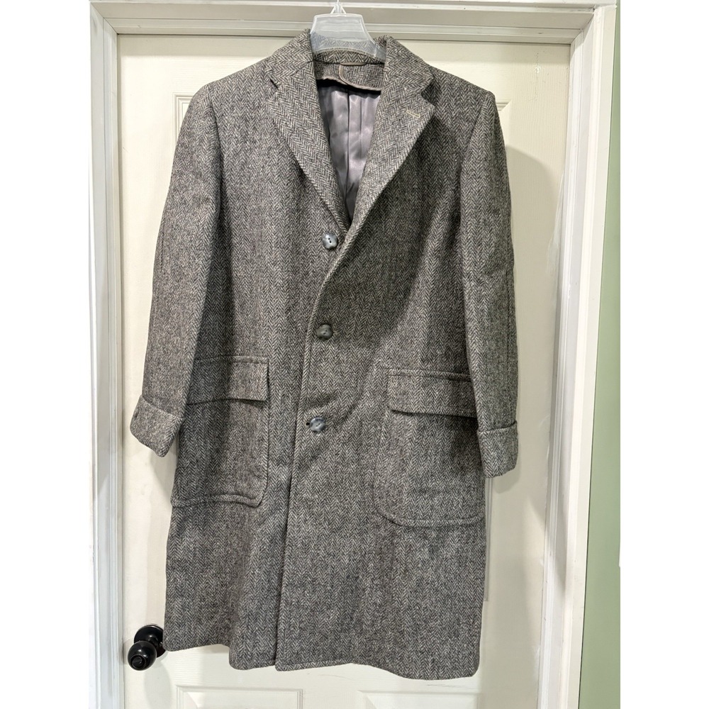 Vintage Mens Harris Tweed Gray Scottish Wool Herringbone Overcoat 40